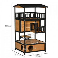 Kočičí domeček s balkonem 78x76x140 cm | přírodní a černý č.2