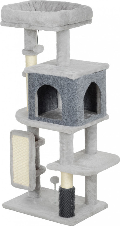 Kočičí škrabadlo s plyšovým pelíškem, 104 cm | světle šedé