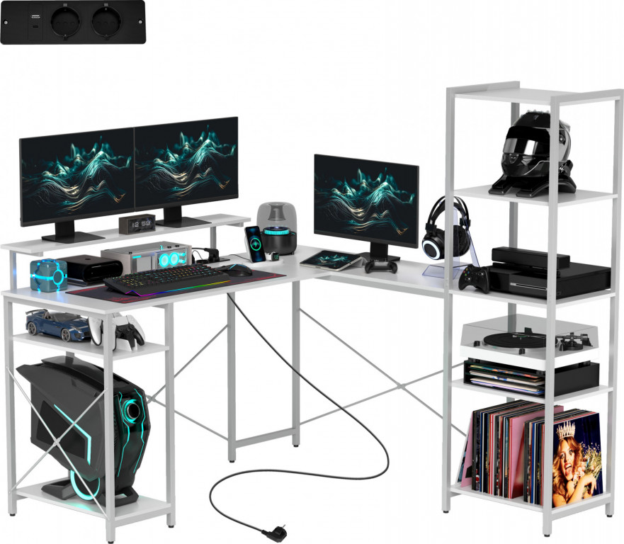 Počítačový stůl s podstavcem pro monitor, 137 x 140 x 139,5 cm | bílý