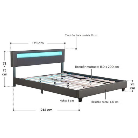 Čalouněná postel Paris s LED osvětlením 180 x 200 cm | tmavě šedá č.5