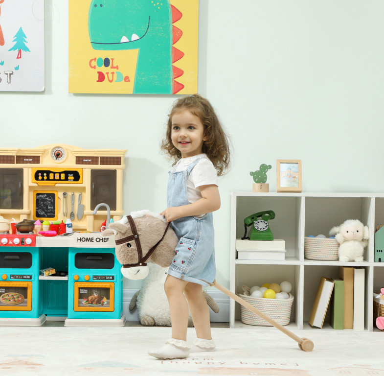 Dětský houpací koník se zvukem, kolečky a tyčí