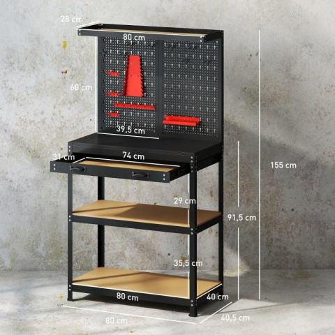 Dílenský stůl s perforovaným panelem 80 x 40,5 x 155 cm | černý č.4