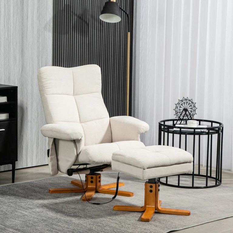 Polohovací masážní křeslo s taburetem | krémově bílé