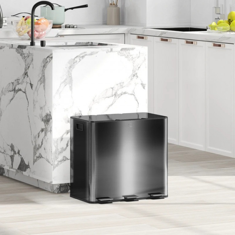 Kuchyňský odpadkový koš se 3 přihrádkami, 3x15 litrů | černý