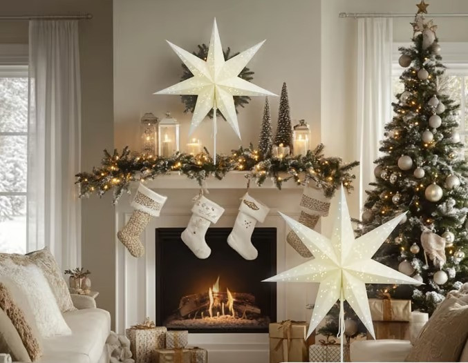 LED papírová hvězda s bílými flitry | bílá