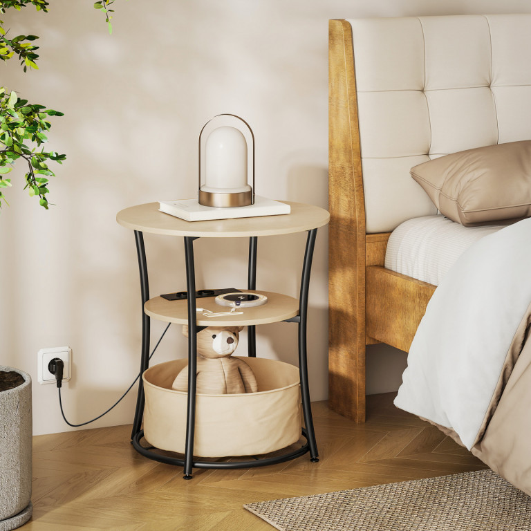 Moderní kulatý stolek s vestavěnou nabíjecí funkcí | přírodní