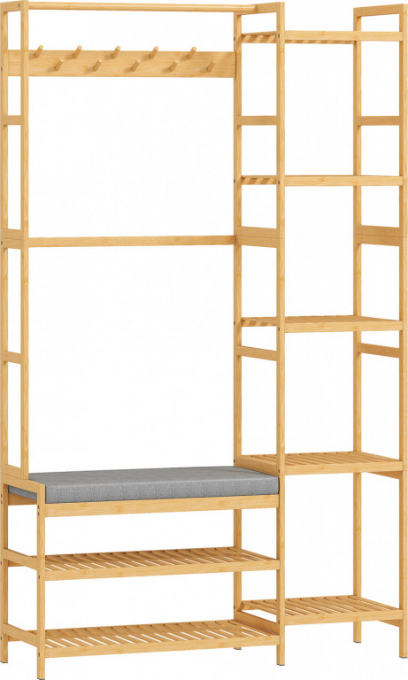 Věšák na kabáty s 10 háčky a čalouněnou lavicí | přírodní