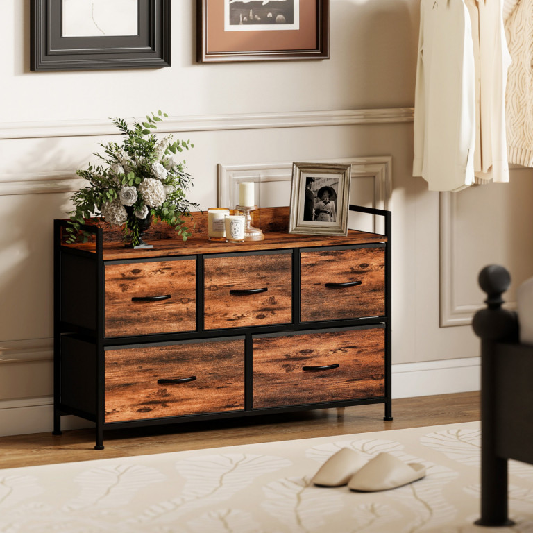 Komoda s 5 látkovými zásuvkami | rustikálně hnědá