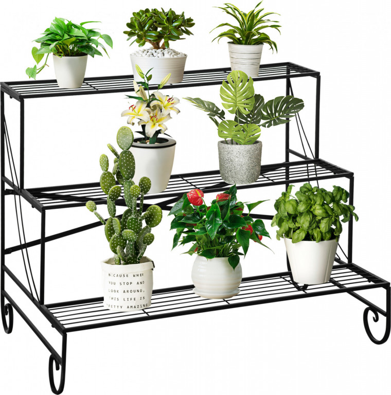 Kovový regál na květiny 3 patra | černý