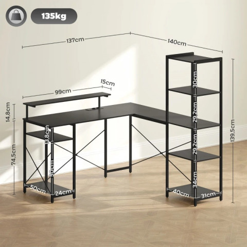 Rohový psací stůl, 37 x 140 x 139,5 cm | černý č.4