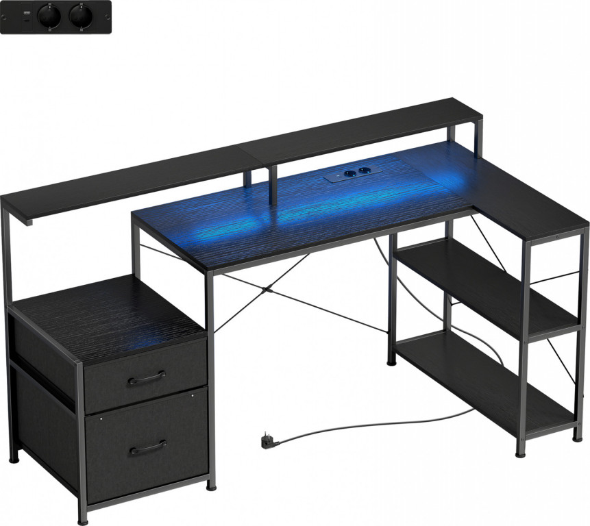 Herní stůl ve tvaru L 165 x 80 cm s LED diodami | černý