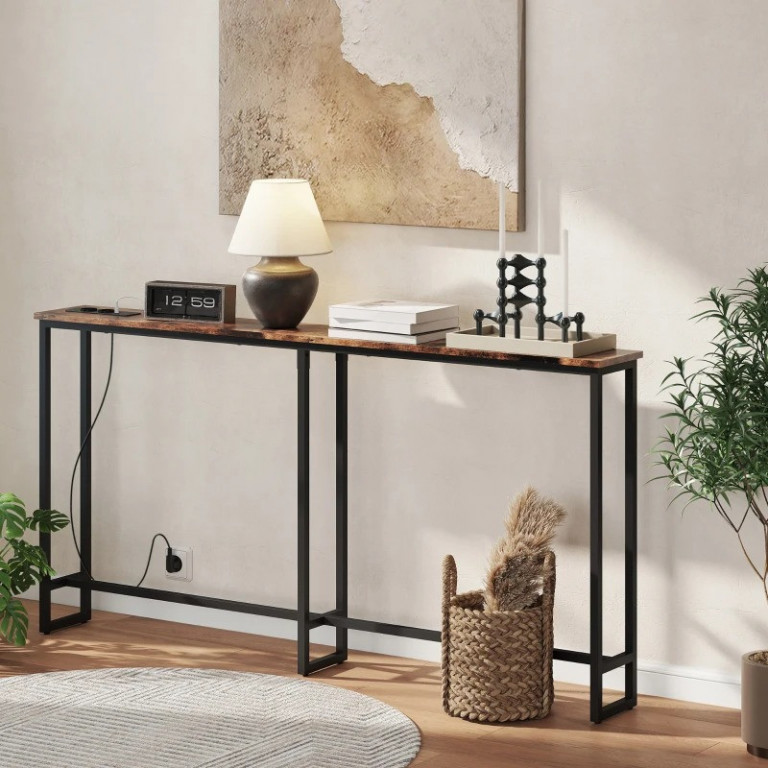 Předsíňový stolek s integrovanou nabíjecí stanicí, 160 x 20 x 80 cm | rustikálně hnědý