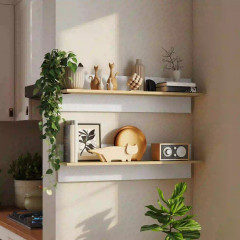 2 plovoucí police na zeď 80 x 16,5 x 20 cm | bílé + přírodní