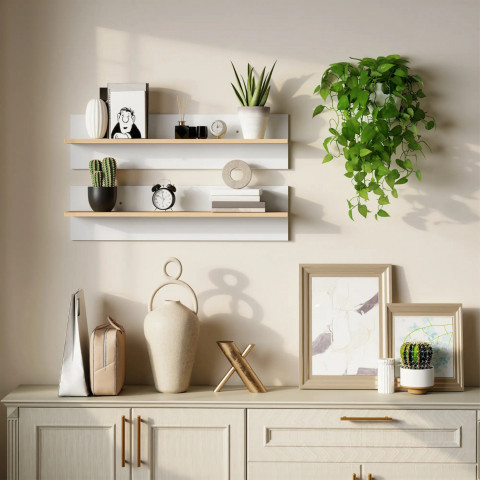 2 plovoucí police na zeď 80 x 16,5 x 20 cm | bílé + přírodní č.5