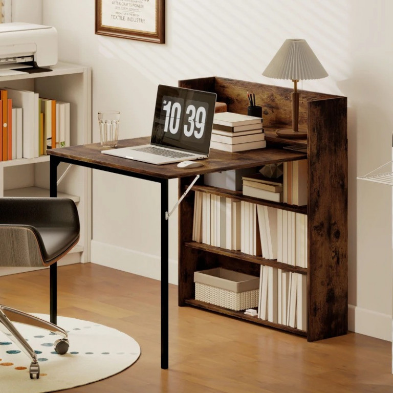 Rozkládací jídelní stůl se 4 policemi 80 x 90 x 93 cm | rustikálně hnědý