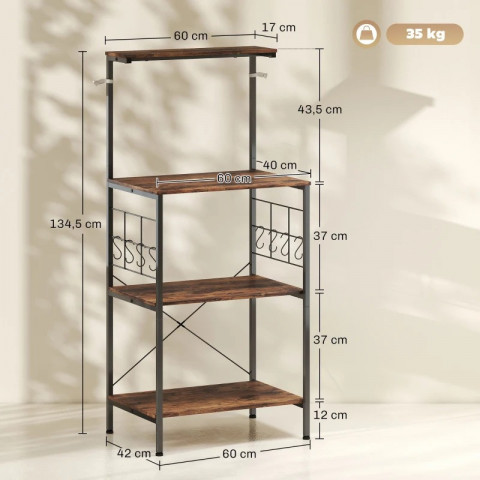 Kuchyňská polička s 8 háčky 60 x 42 x 134,5 cm | rustikálně hnědá č.3
