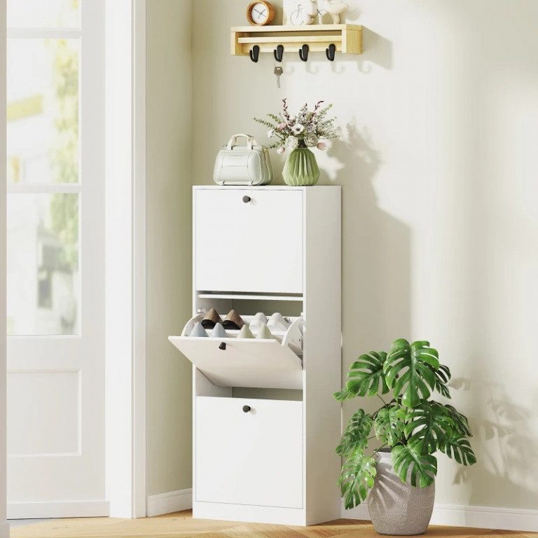 Botník se 3 chlopněmi a s nastavitelnou přepážkou, 47 x 26 x 120 cm | bílý