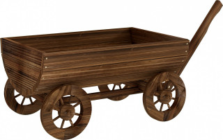 Dekorativní dřevěný truhlík ve tvaru vozíku se 4 kolečky a rukojetí | vzhled ohořelého dřeva č.1