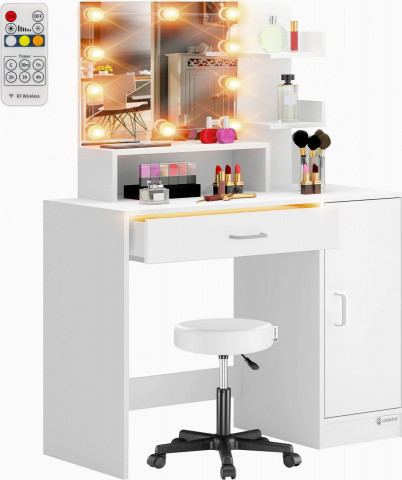Toaletní stolek Jocelyn s LED osvětlením a pojízdnou stoličkou | bílý č.2