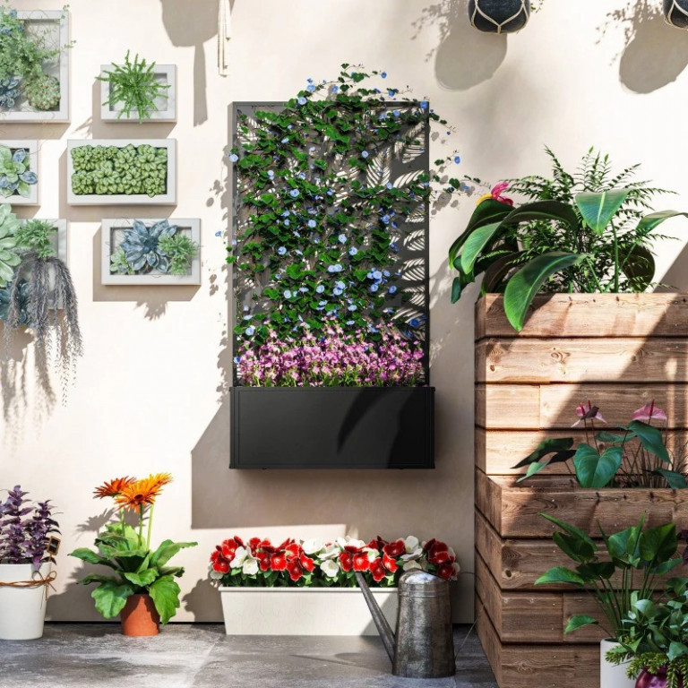 Vyvýšený záhonový truhlík se zástěnou pro soukromí | černý