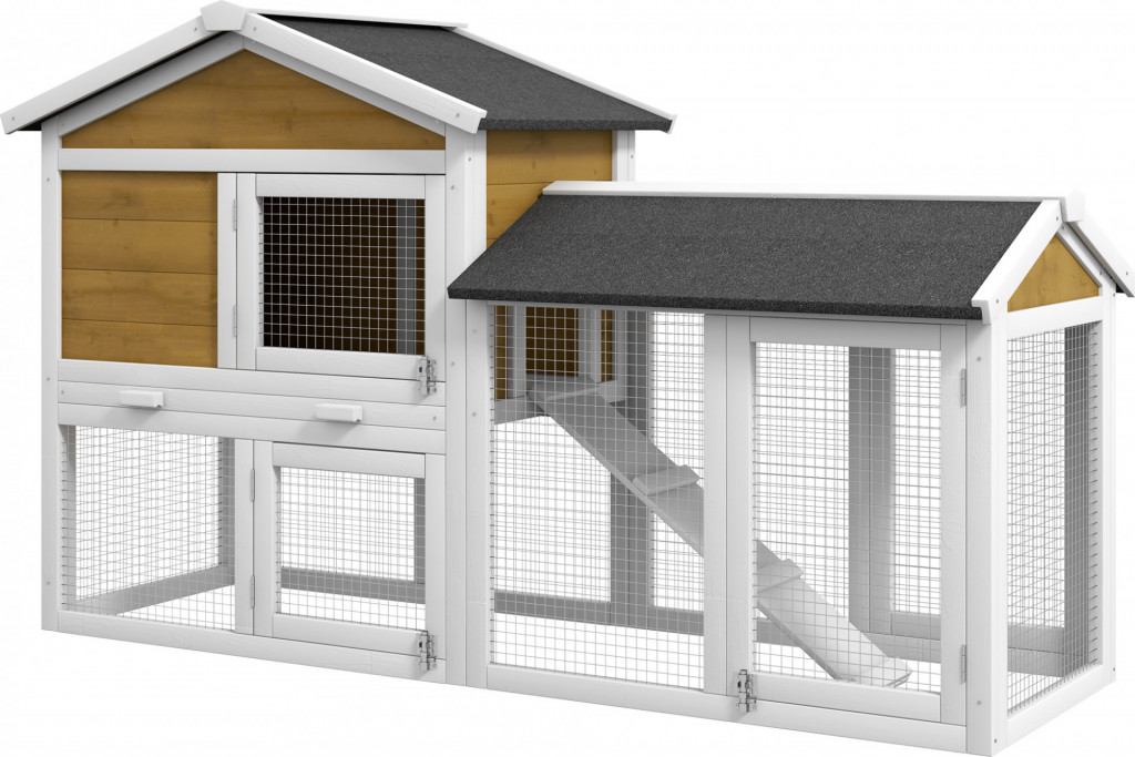 Malá zvířecí klec s prostorným výběhem z jedlového dřeva | žlutá