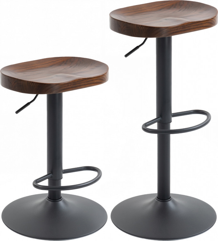 2 výškově nastavitelné a otočné barové židle se sedákem z jilmového dřeva | tmavě hnědé + černé