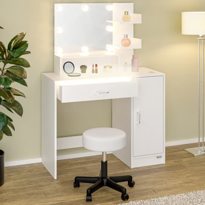 Toaletní stolek Jocelyn s LED osvětlením a pojízdnou stoličkou | bílý