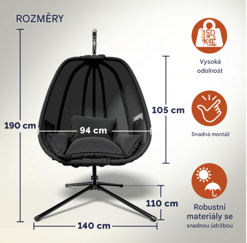 Závěsné křeslo Alvie 190x140x110cm | antracit č.2