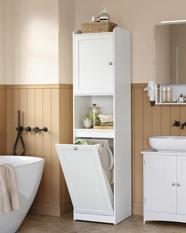 Vysoká koupelnová skříňka s košem na prádlo | bílá