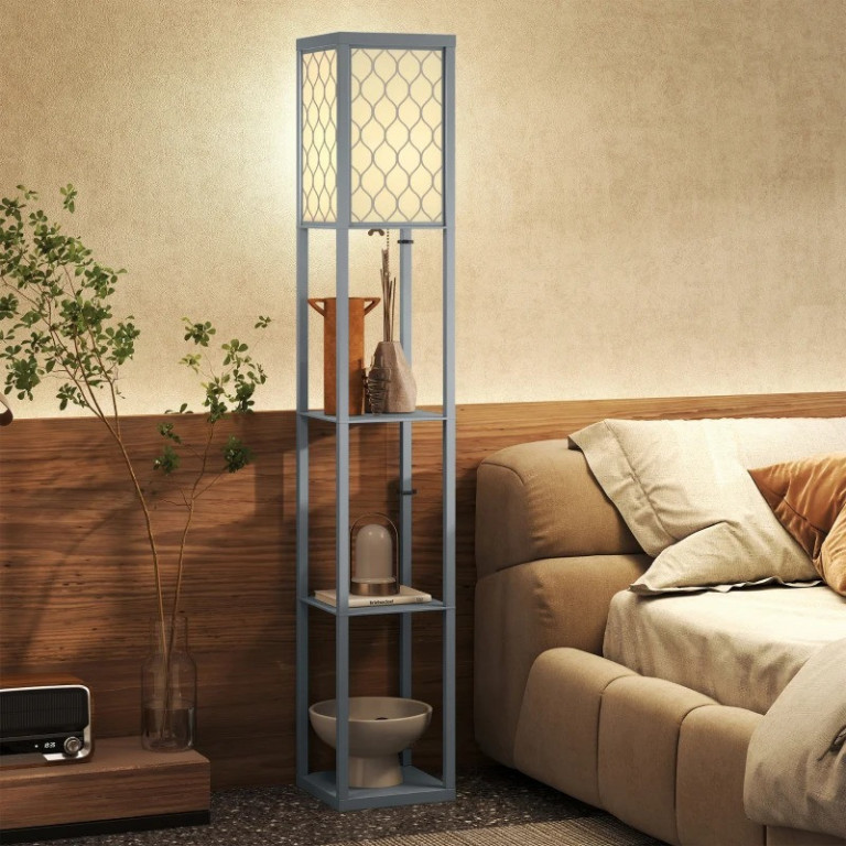 Stmívatelná stojací lampa s poličkou | světle šedá