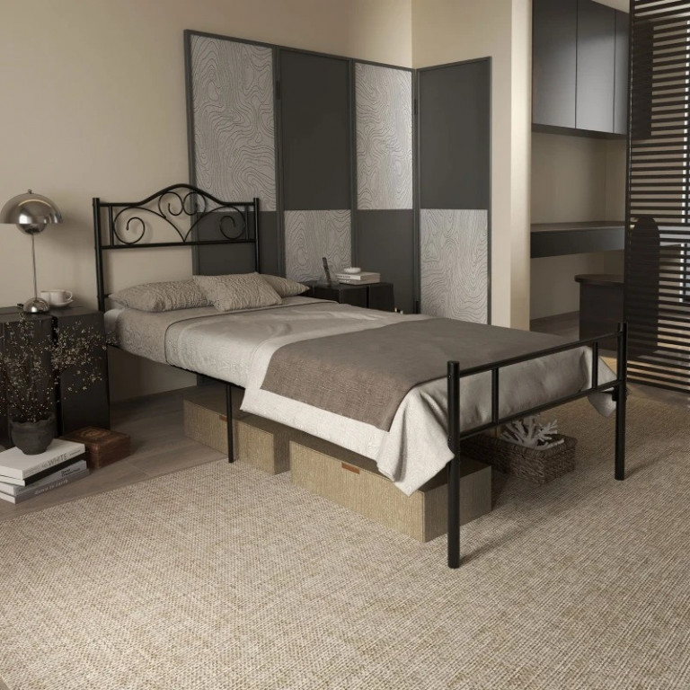 Praktické jednolůžko s kovovým rámem a lamelovým roštem | černé