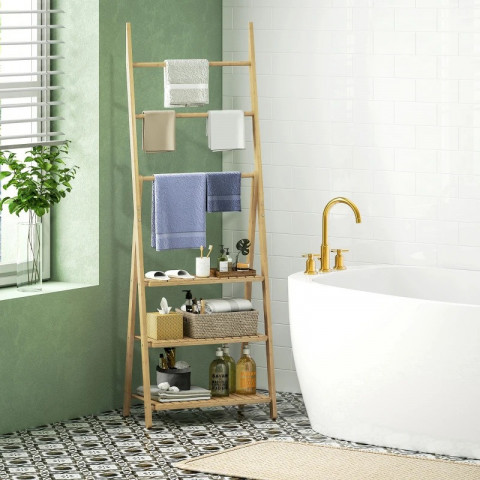 Stylová bambusová police s věšáky a úložným prostorem | přírodní č.4