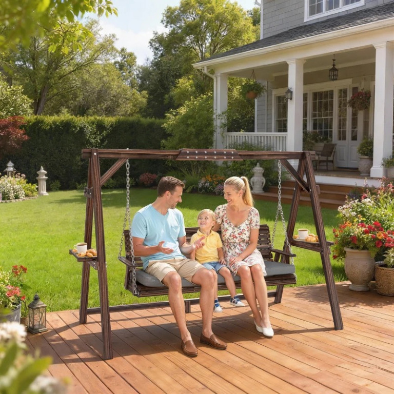 3místná zahradní houpačka ze dřeva | vzhled ohořelého dřeva