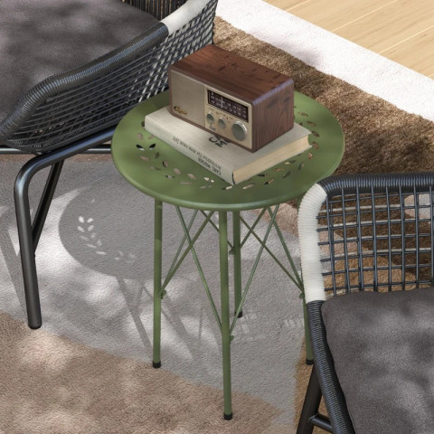 Malý kulatý zahradní stolek se vzorem květin a listů | zelený č.4