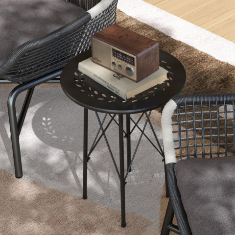 Malý kulatý zahradní stolek se vzorem květin a listů | černý č.4