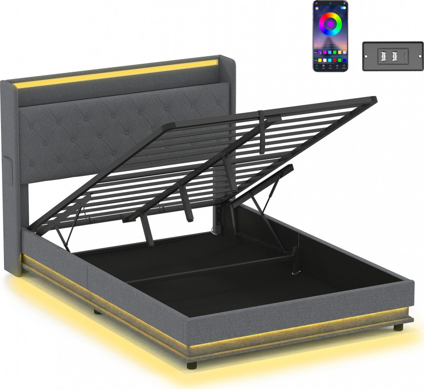 Rám postele s připojením USB-A, USB-C a RGB LED osvětlením | šedý