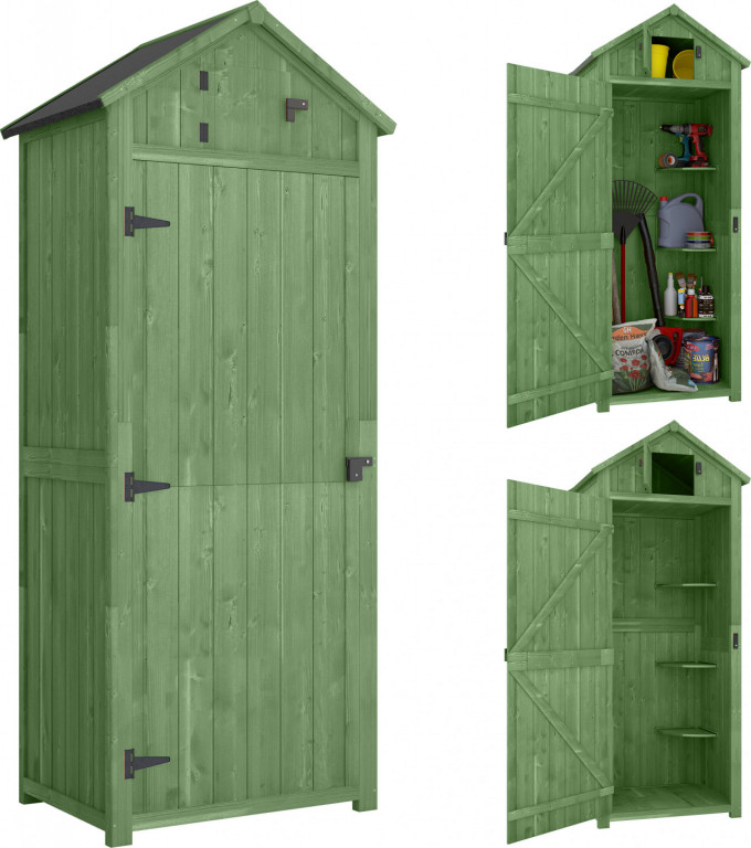 Dřevěný přístřešek na nářadí se 3 odnímatelnými policemi | zelený