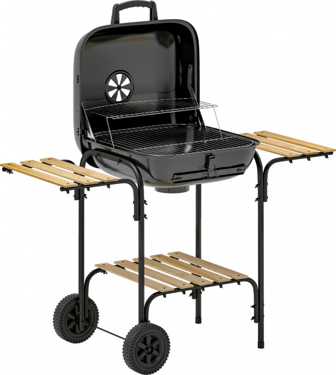 Gril na dřevěné uhlí z oceli pojízdný 98 x 54 x 91 cm | černý