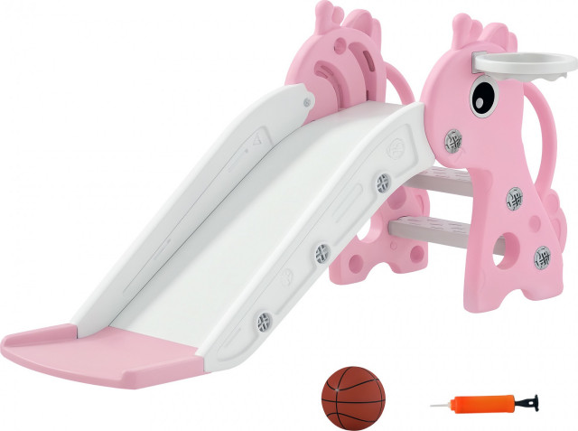 Dětská skluzavka 3 v 1 - design žirafy s basketbalovým košem a lezeckou částí | růžová č.4