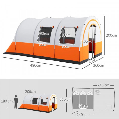 Tunelový stan pro 6 osob, 480 x 260 x 200 cm | krémově bílý + oranžový č.3