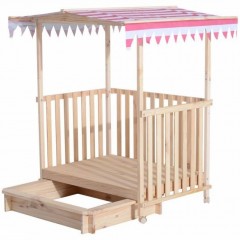 Dětské dřevěné pískoviště se stříškou a krytou verandou růžová/bílá č.1