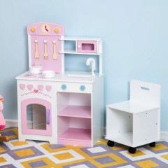 Dětská dřevěná kuchyňka s příslušenstvím a stoličkou | růžová č.2