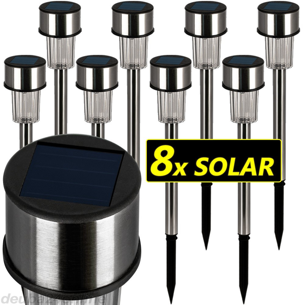 Goleto Solární nerezové LED lampy sloupkové | sada 8 kusů