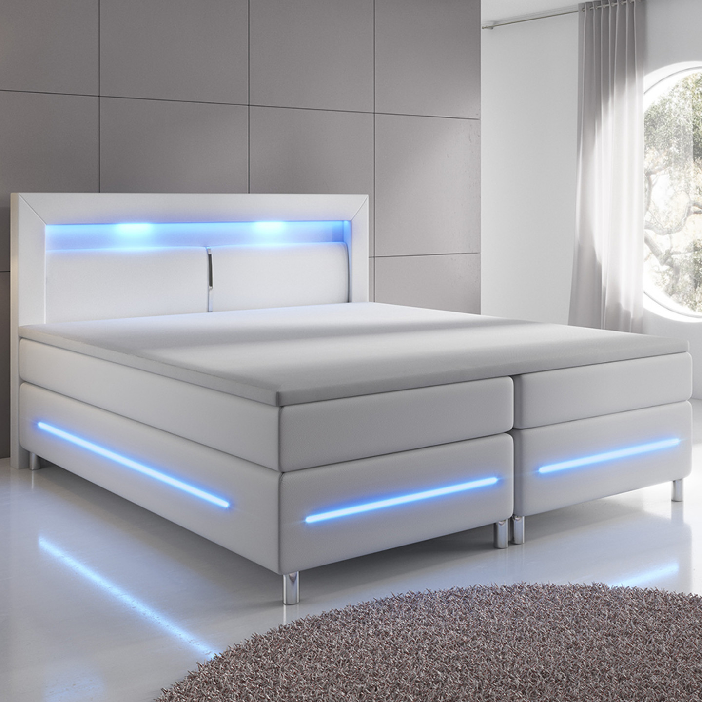 Goleto Postel Box Spring Norfolk s LED osvětlením 140 x 200 cm | bílá