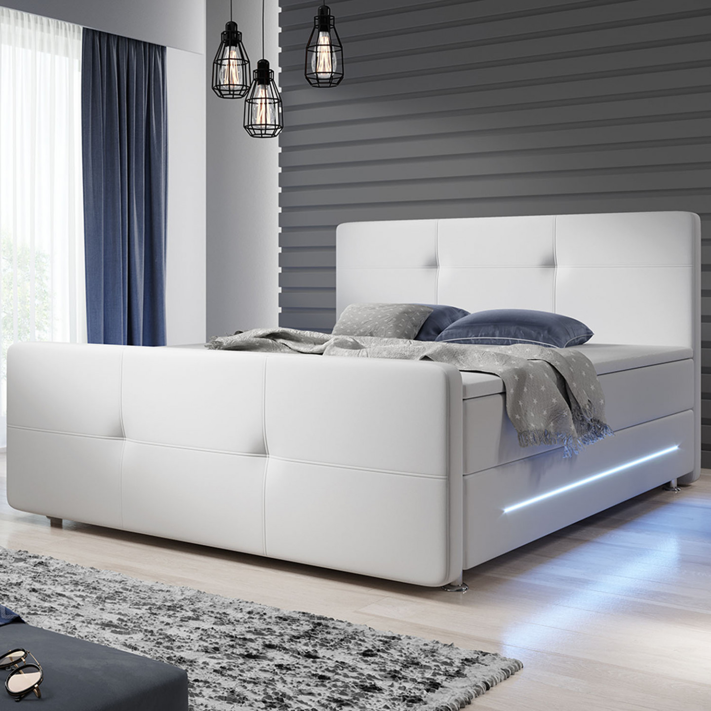 Goleto Postel Box Spring Oakland s LED osvětlením 180 x 200 cm | bílá