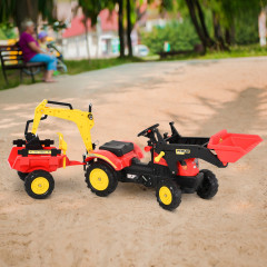Šlapací traktor s nakladačem, přívěsem a lžící | červeno-žlutý č.2