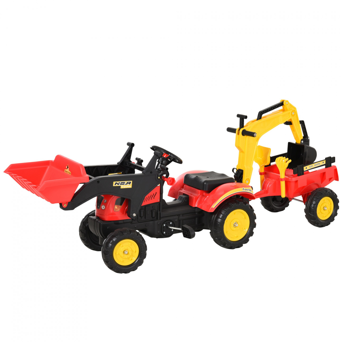 Goleto Šlapací traktor s nakladačem, přívěsem a lžící | červeno-žlutý