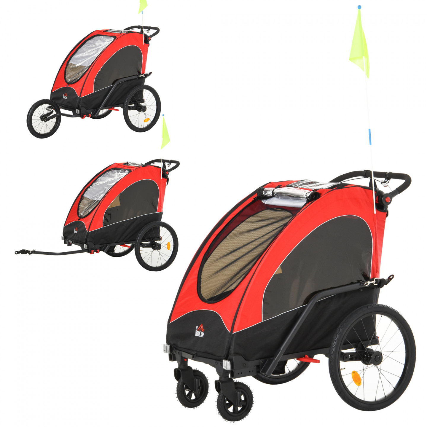 Goleto Přívěsný dětský vozík za kolo pro 2 děti 3v1 | černý + červený