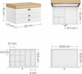 Dřevěná šperkovnice 3-patrová | bílá a barva dřeva č.3
