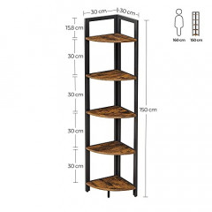 Rohová police 5 patrová 30 x 30 x 150 cm | hnědá, černá č.3